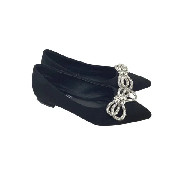 Dominique Nicole Womens Black Flats With Rhinestone Bow Embellishment Size 8M - Picture 2 of 6